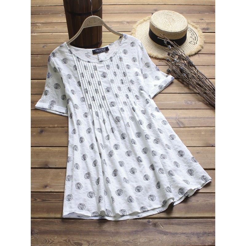 Vintage Women Polka Dot Print Pleated Short Sleeve Blouse