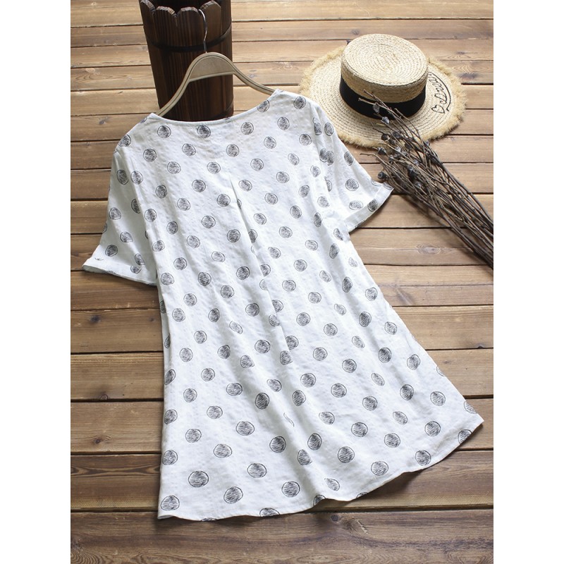 Vintage Women Polka Dot Print Pleated Short Sleeve Blouse