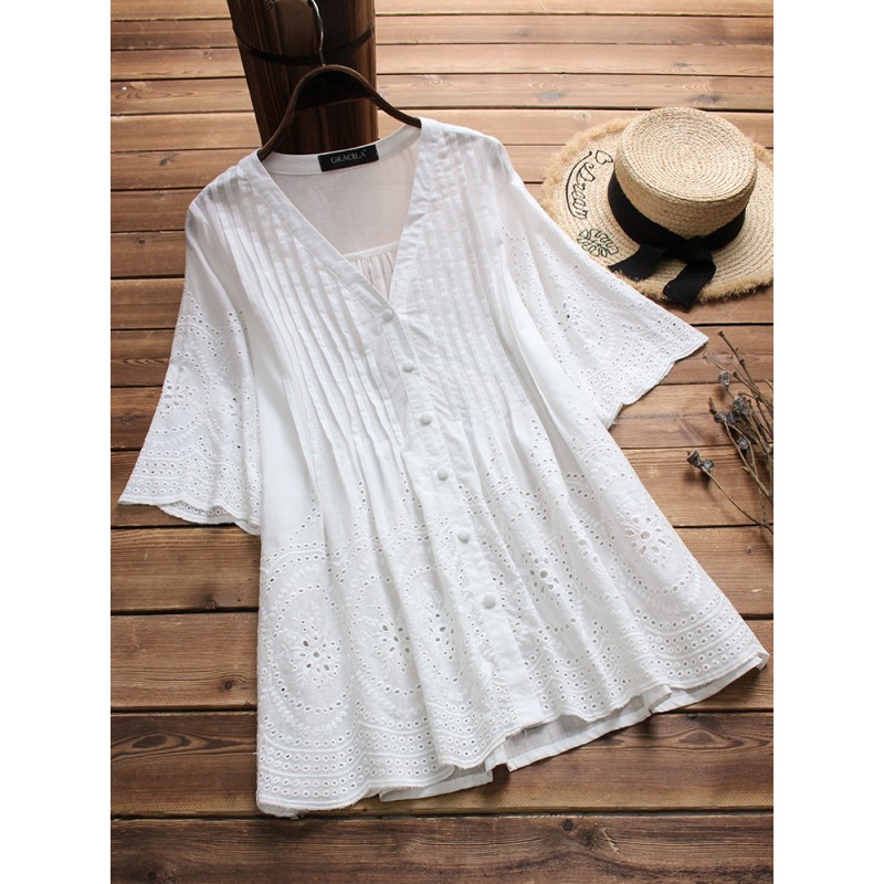 Vintage Women Embroidered Hollow Solid Color Blouse