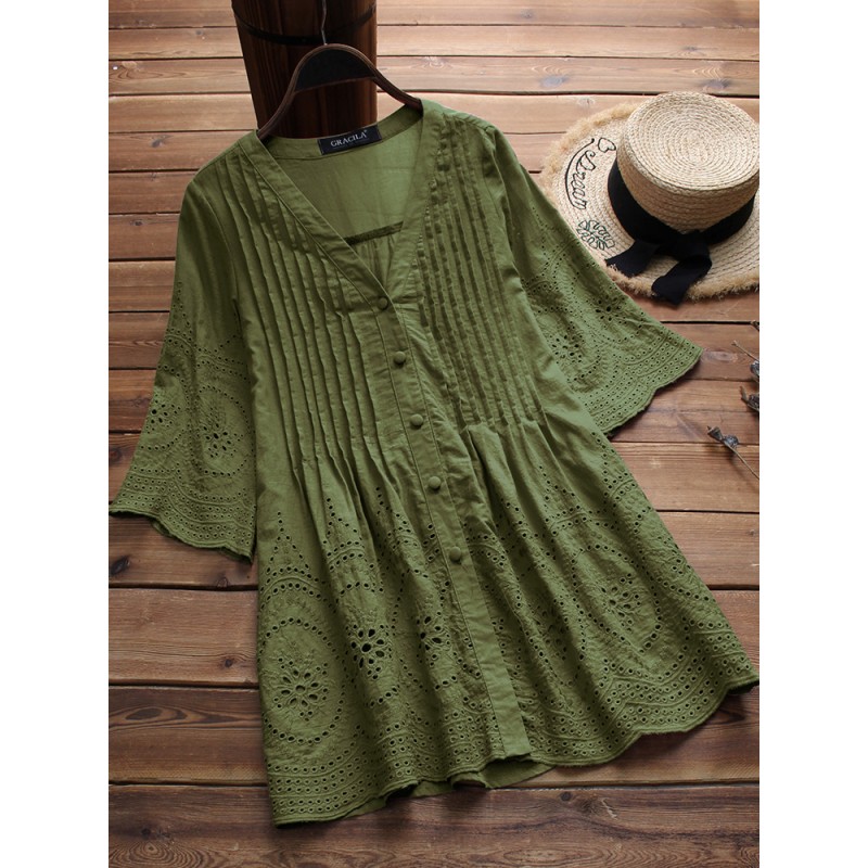 Vintage Women Embroidered Hollow Solid Color Blouse