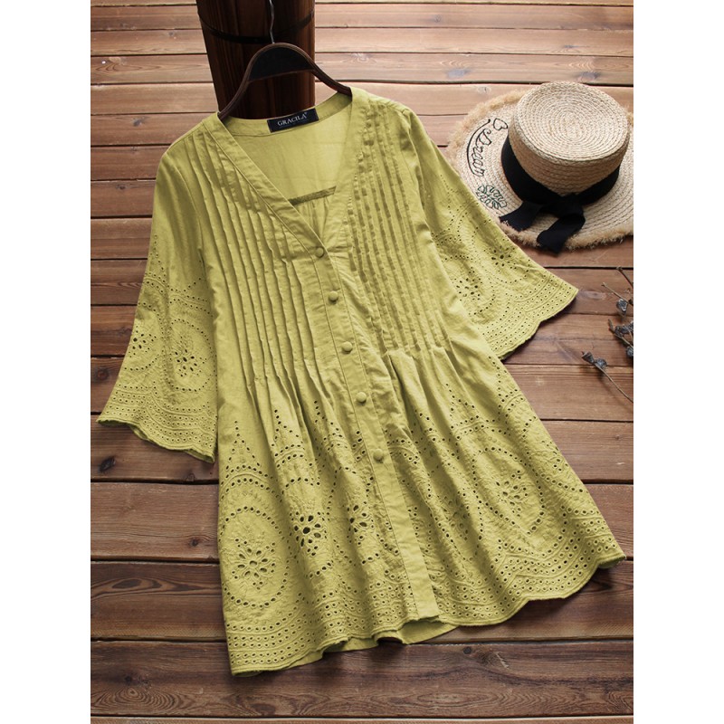 Vintage Women Embroidered Hollow Solid Color Blouse