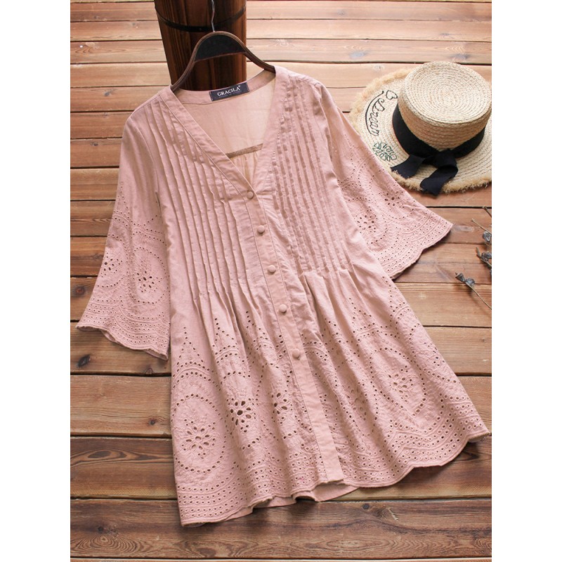 Vintage Women Embroidered Hollow Solid Color Blouse