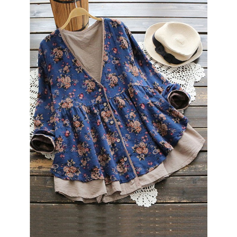 Vintage Women Floral V-Neck Cotton Linen Loose Button Blouse