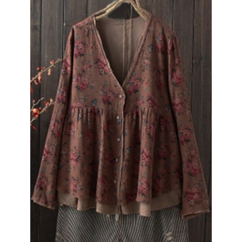 Vintage Women Floral V-Neck Cotton Linen Loose Button Blouse