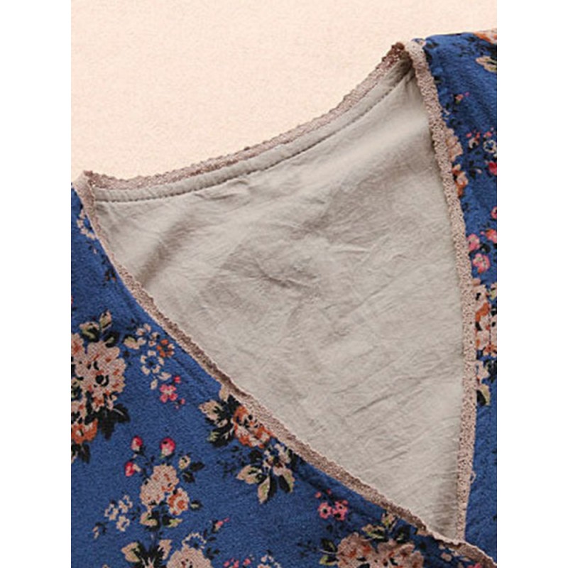 Vintage Women Floral V-Neck Cotton Linen Loose Button Blouse