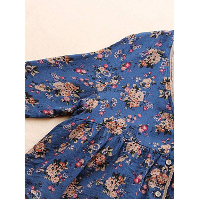 Vintage Women Floral V-Neck Cotton Linen Loose Button Blouse