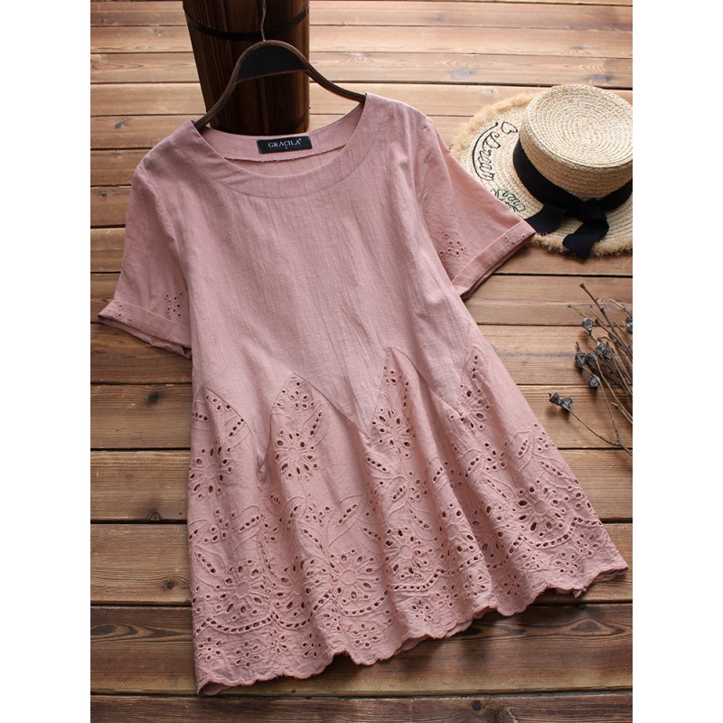 Vintage Short Sleeve Lace Embroidery Hollow Blouse