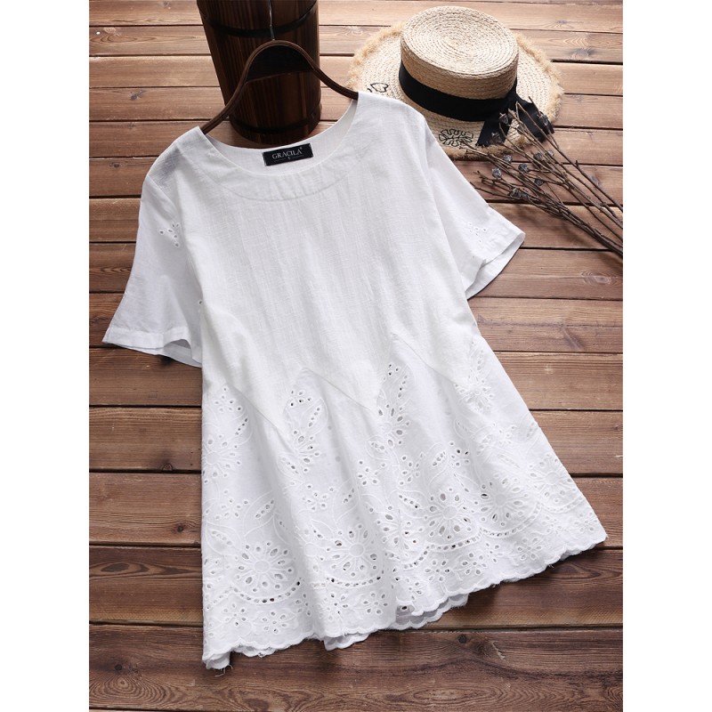 Vintage Short Sleeve Lace Embroidery Hollow Blouse