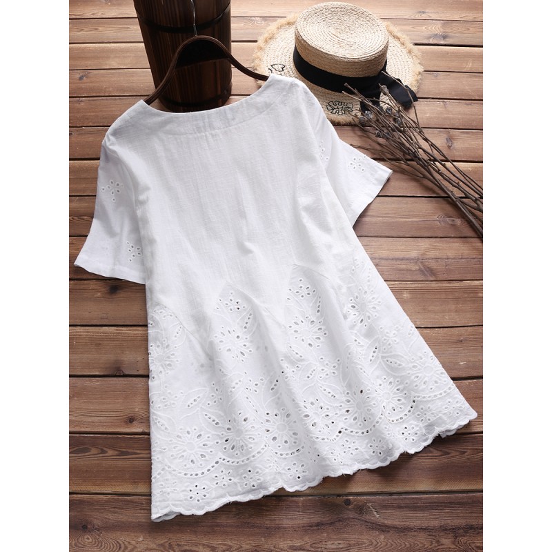 Vintage Short Sleeve Lace Embroidery Hollow Blouse