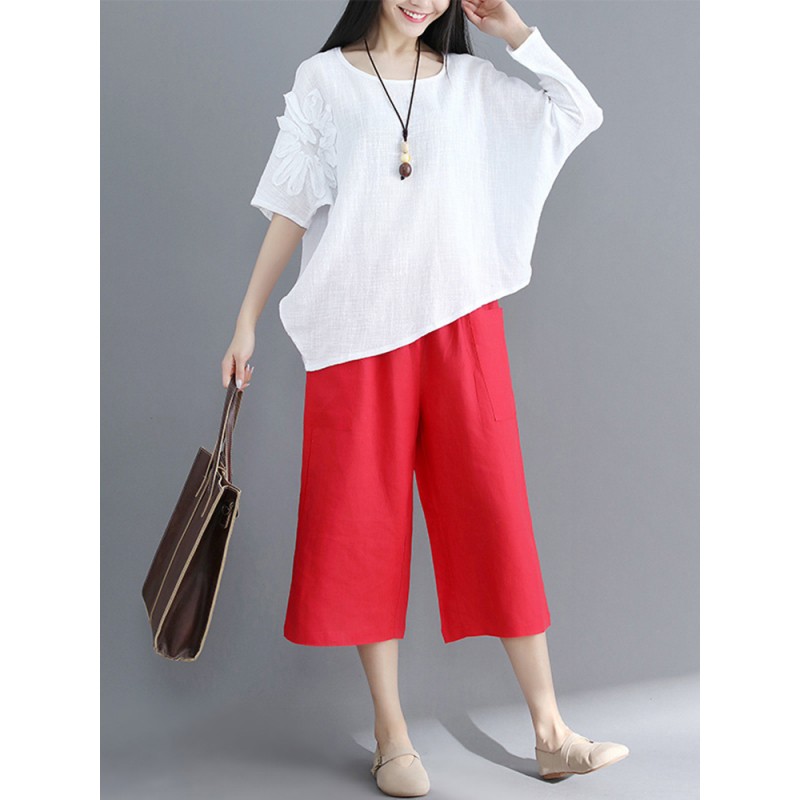 Vintage Women Cotton Linen Loose Irregular Hem Blouse