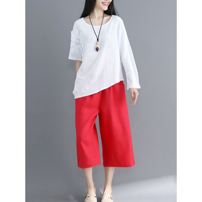 Vintage Women Cotton Linen Loose Irregular Hem Blouse