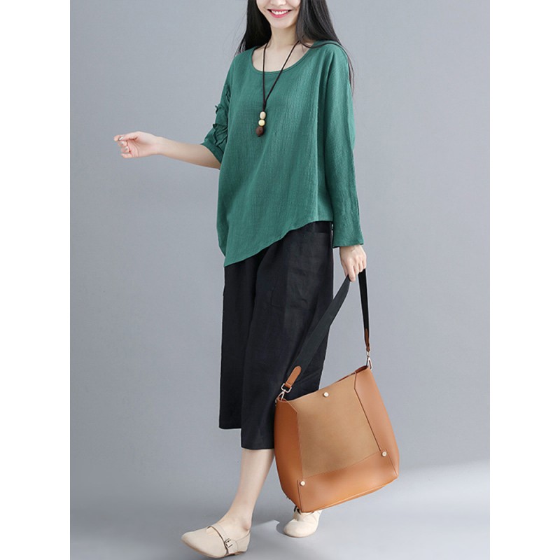 Vintage Women Cotton Linen Loose Irregular Hem Blouse