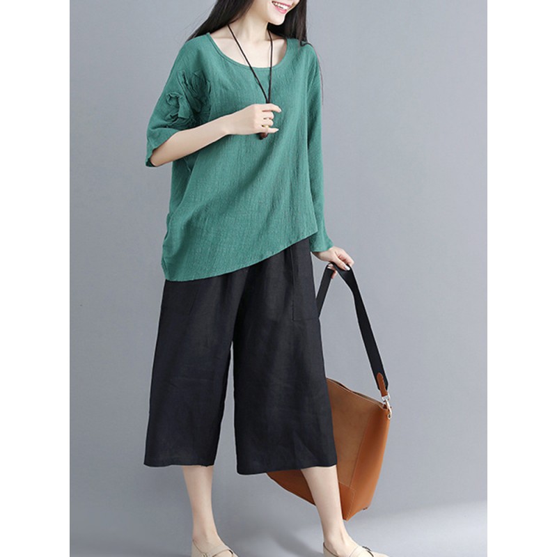 Vintage Women Cotton Linen Loose Irregular Hem Blouse