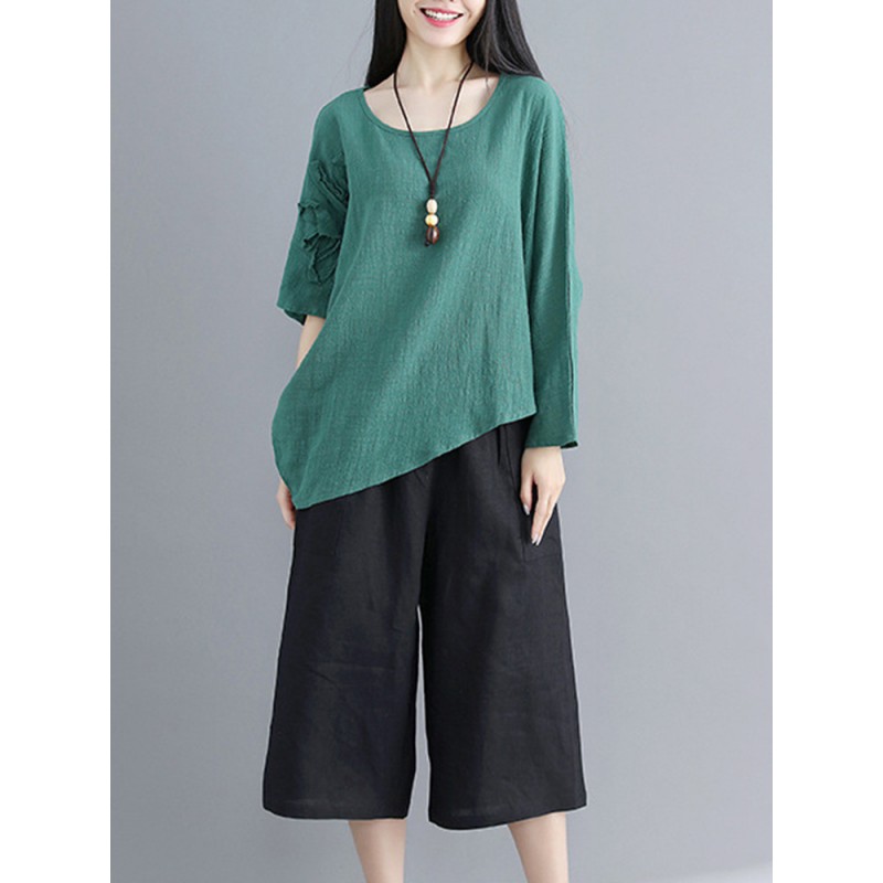 Vintage Women Cotton Linen Loose Irregular Hem Blouse