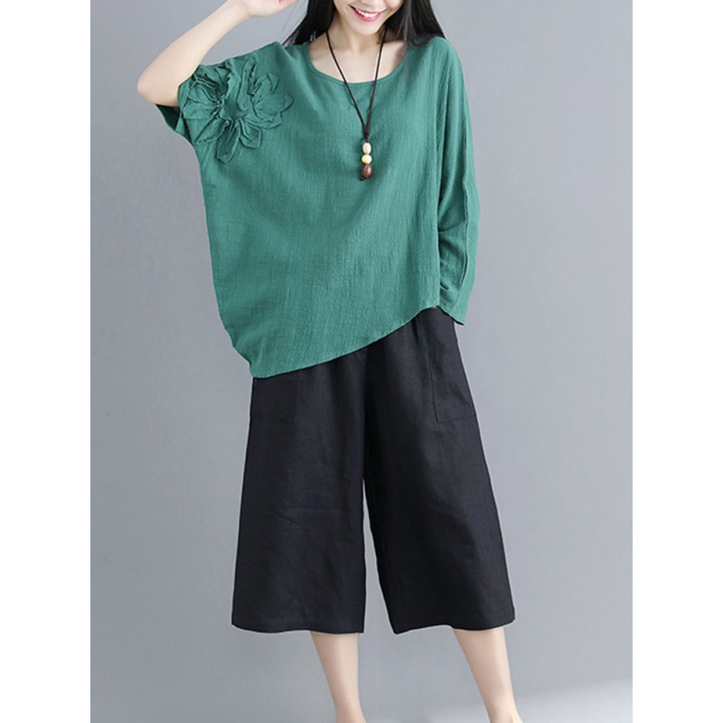 Vintage Women Cotton Linen Loose Irregular Hem Blouse