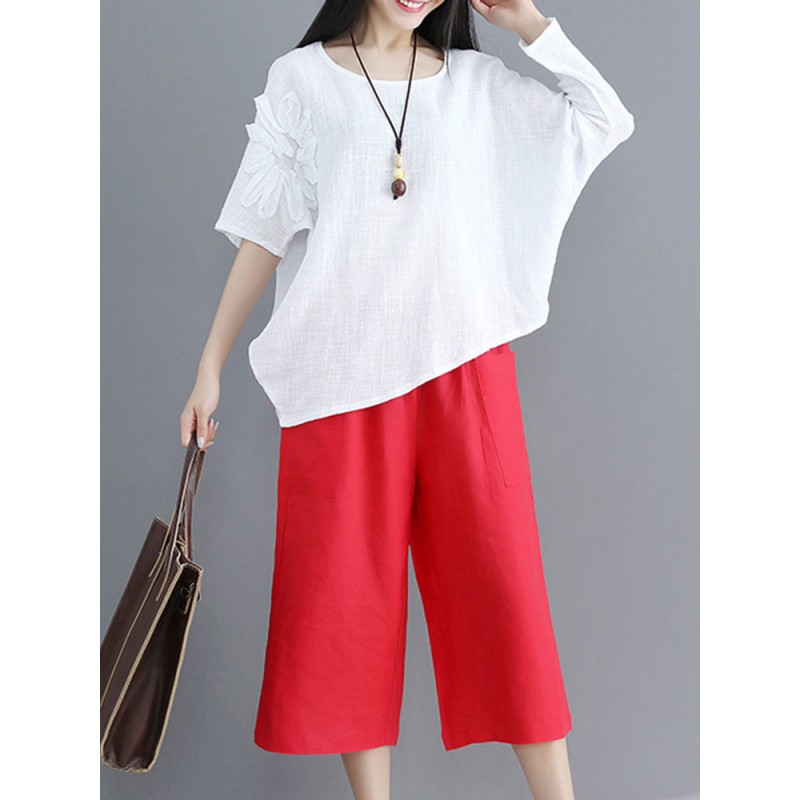 Vintage Women Cotton Linen Loose Irregular Hem Blouse