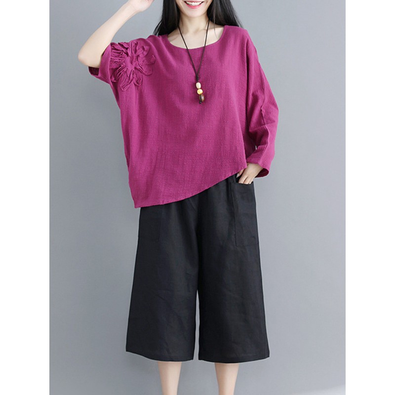 Vintage Women Cotton Linen Loose Irregular Hem Blouse