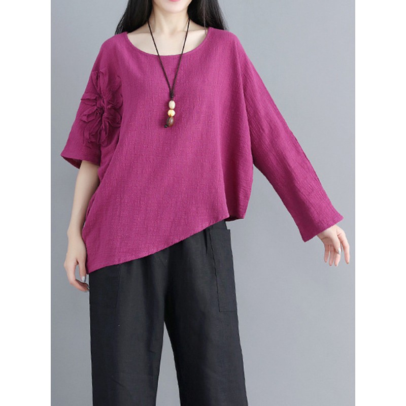 Vintage Women Cotton Linen Loose Irregular Hem Blouse