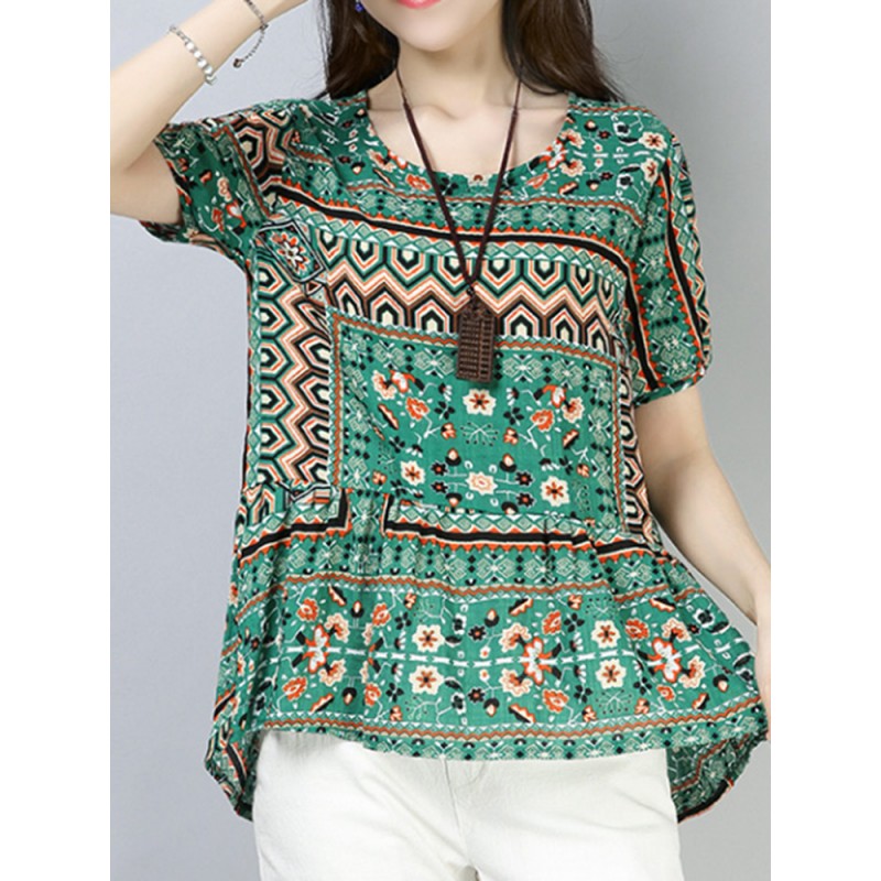 Vintage Women Cotton Printed Short Sleeve Irregular Hem Blouse