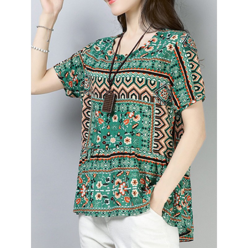 Vintage Women Cotton Printed Short Sleeve Irregular Hem Blouse