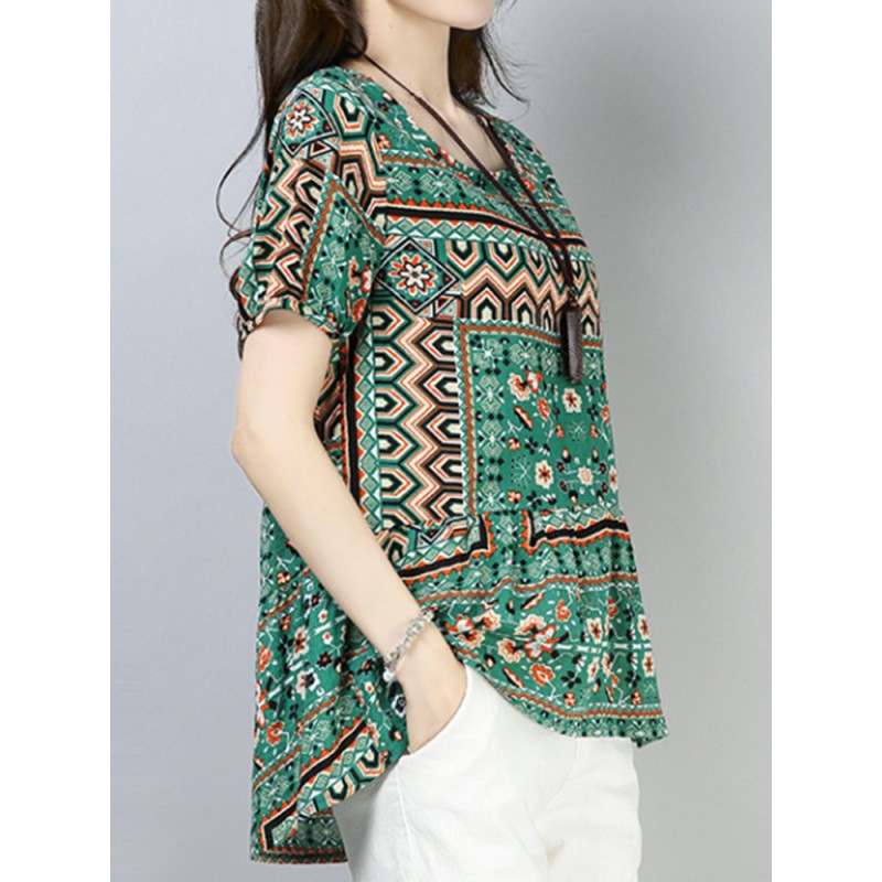 Vintage Women Cotton Printed Short Sleeve Irregular Hem Blouse