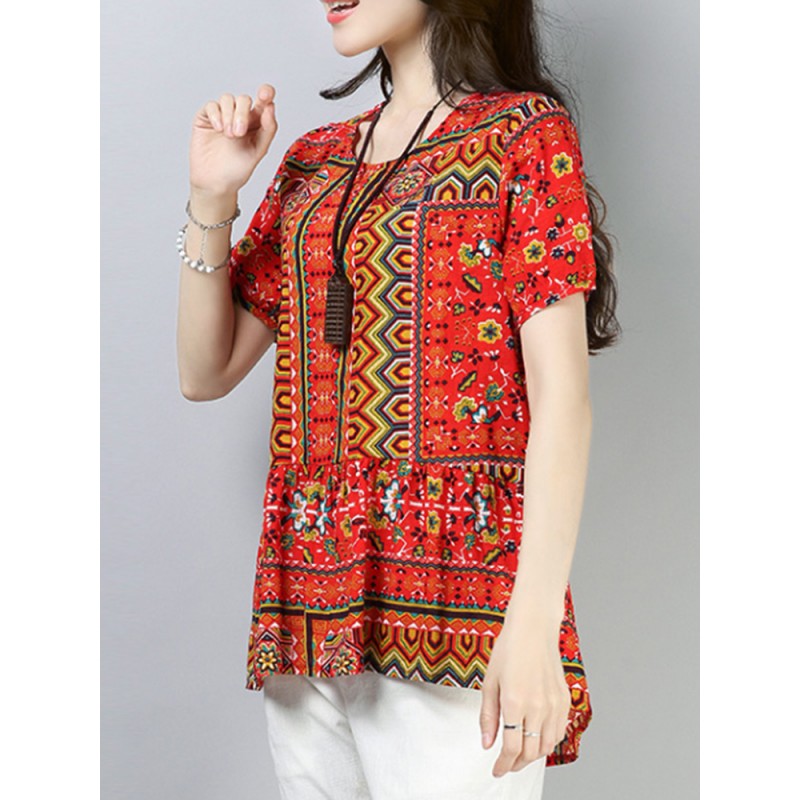 Vintage Women Cotton Printed Short Sleeve Irregular Hem Blouse