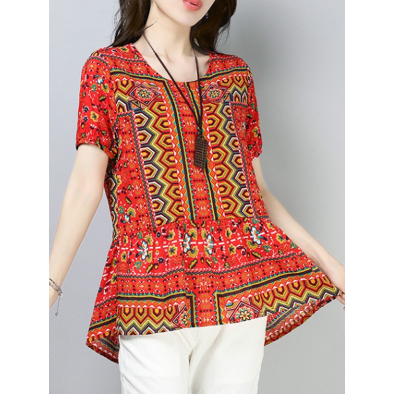 Vintage Women Cotton Printed Short Sleeve Irregular Hem Blouse