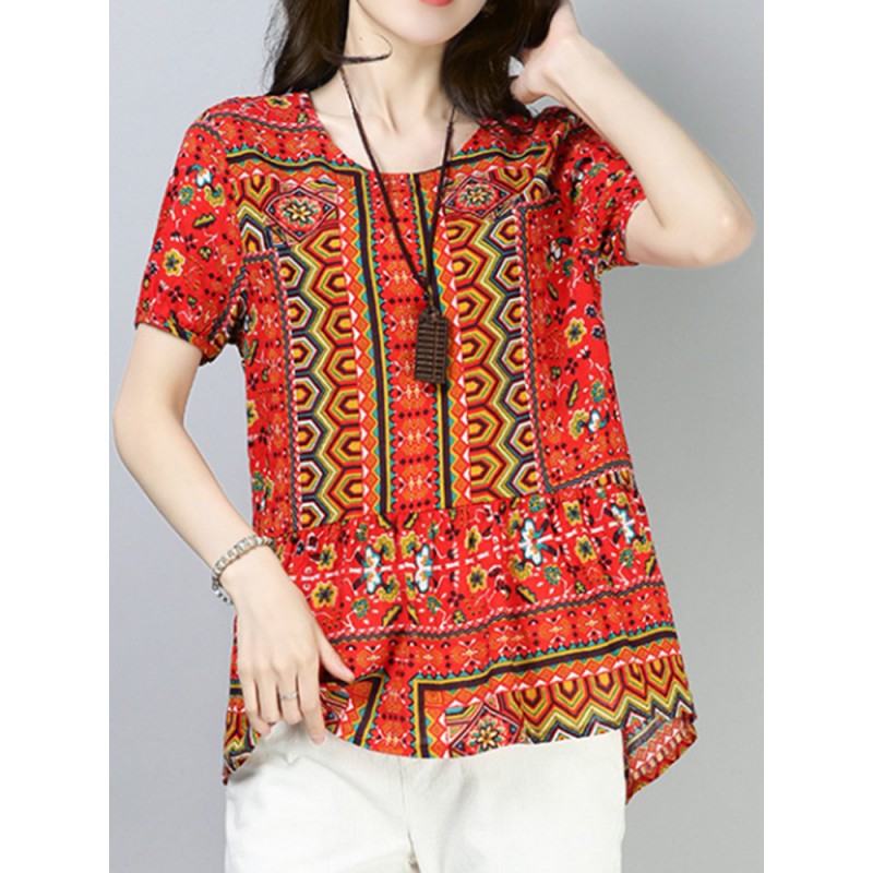 Vintage Women Cotton Printed Short Sleeve Irregular Hem Blouse