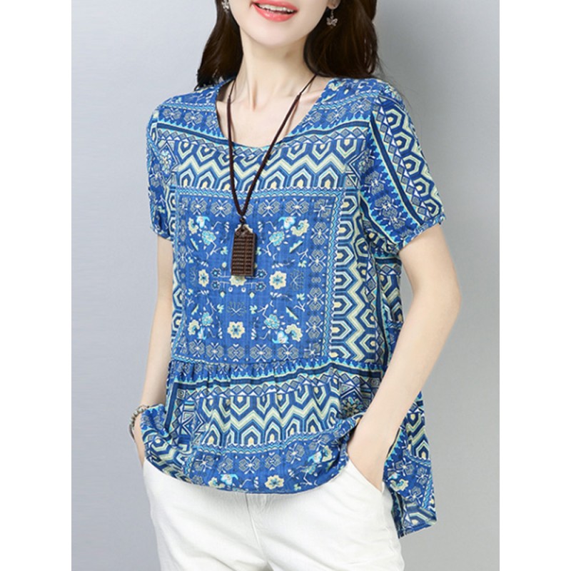 Vintage Women Cotton Printed Short Sleeve Irregular Hem Blouse