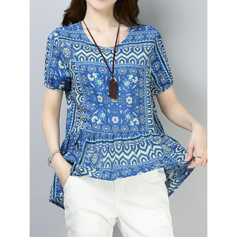 Vintage Women Cotton Printed Short Sleeve Irregular Hem Blouse