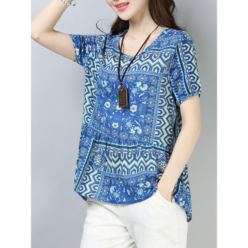 Vintage Women Cotton Printed Short Sleeve Irregular Hem Blouse