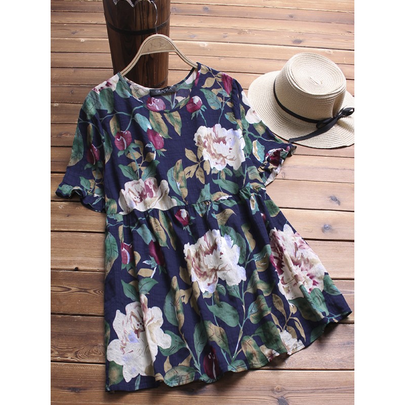 Vintage Floral Printed Short Sleeve Cotton Blouse