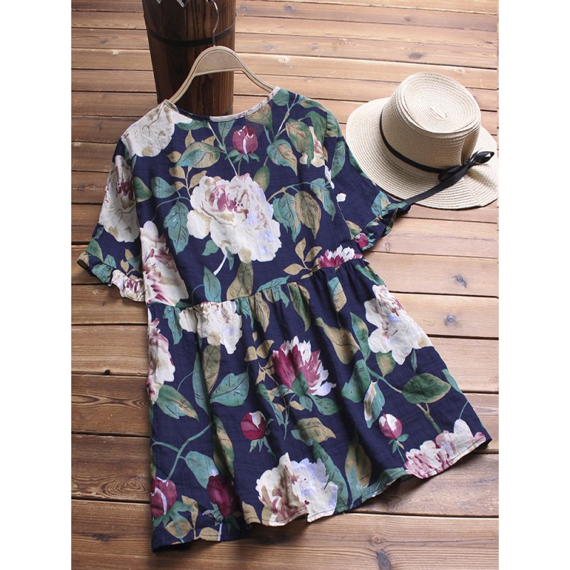 Vintage Floral Printed Short Sleeve Cotton Blouse