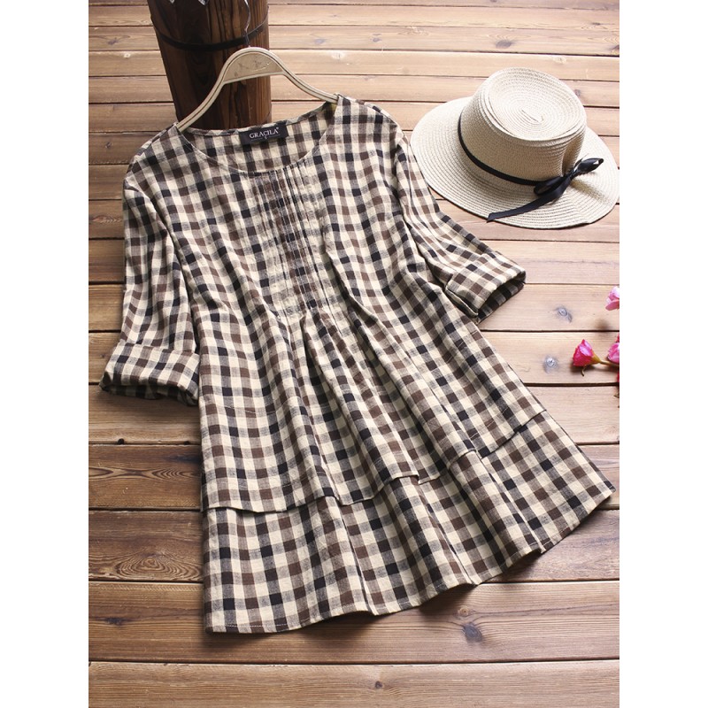 Vintage Irregular Long Sleeve Pleated Plaid Blouse