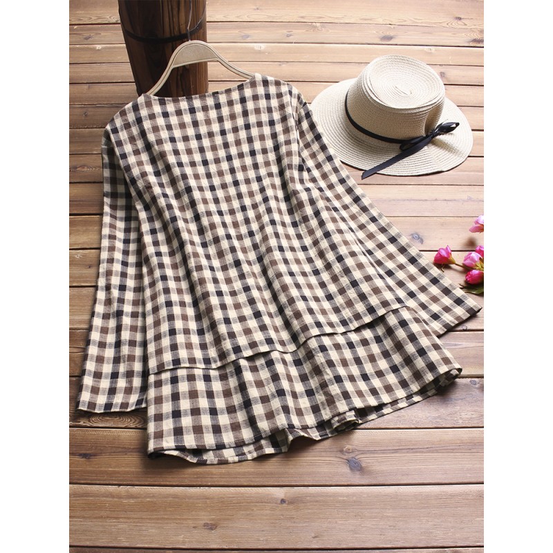 Vintage Irregular Long Sleeve Pleated Plaid Blouse