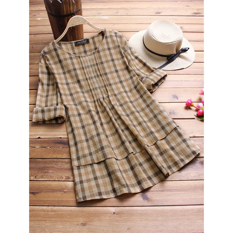 Vintage Irregular Long Sleeve Pleated Plaid Blouse