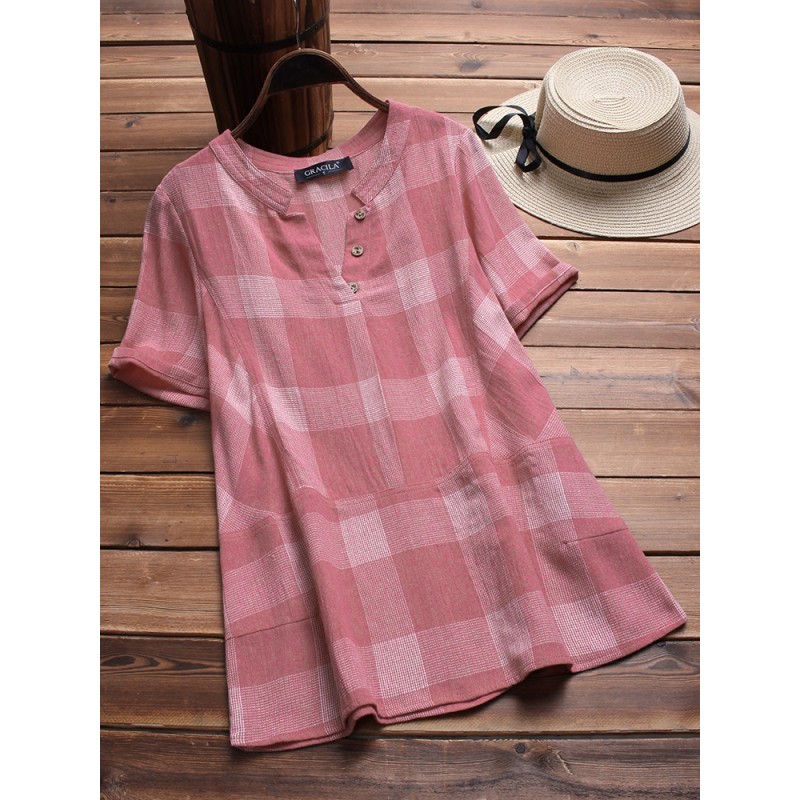 Vintage Plaid V-neck Short Sleeve Loose Shirts