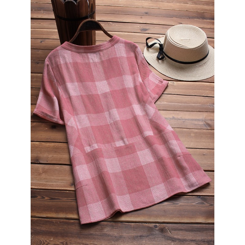 Vintage Plaid V-neck Short Sleeve Loose Shirts