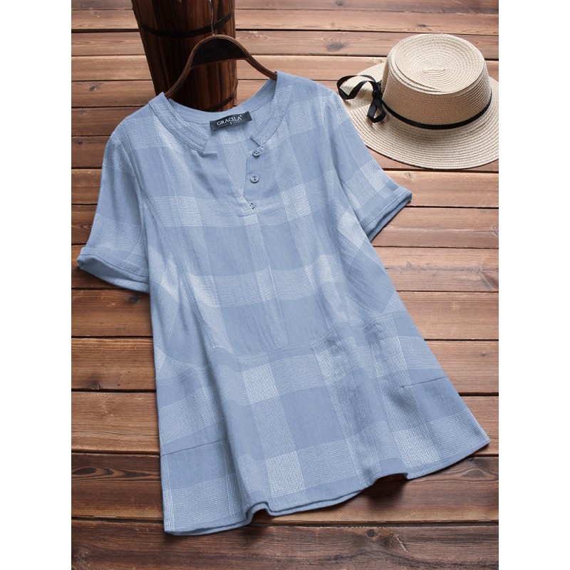 Vintage Plaid V-neck Short Sleeve Loose Shirts