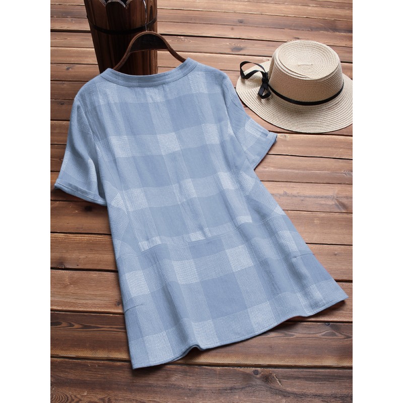 Vintage Plaid V-neck Short Sleeve Loose Shirts