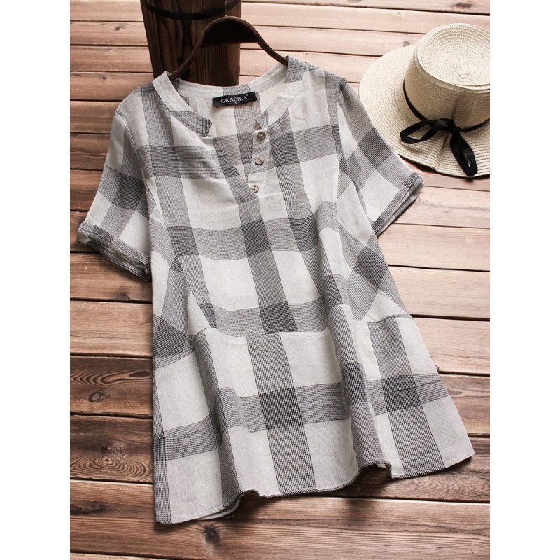 Vintage Plaid V-neck Short Sleeve Loose Shirts