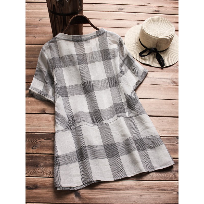 Vintage Plaid V-neck Short Sleeve Loose Shirts