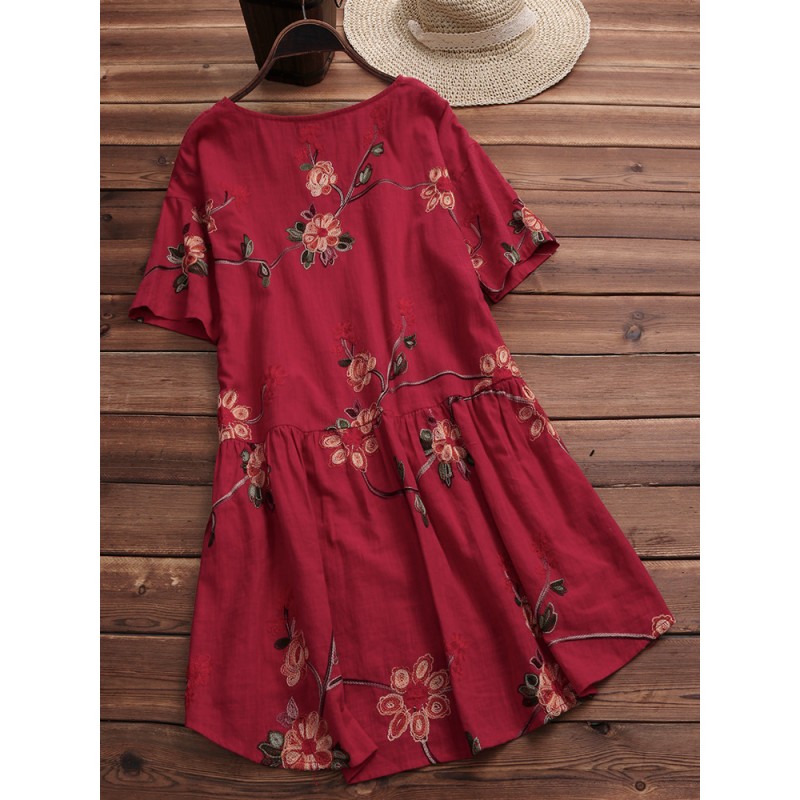 Vintage Floral Embroidery Short Sleeve Irregular Blouse