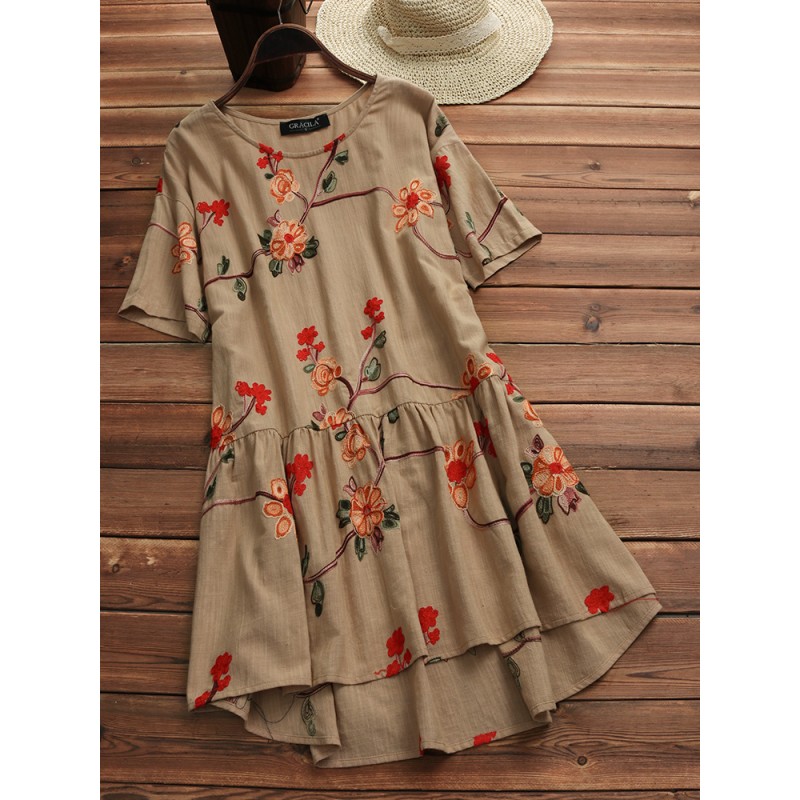 Vintage Floral Embroidery Short Sleeve Irregular Blouse