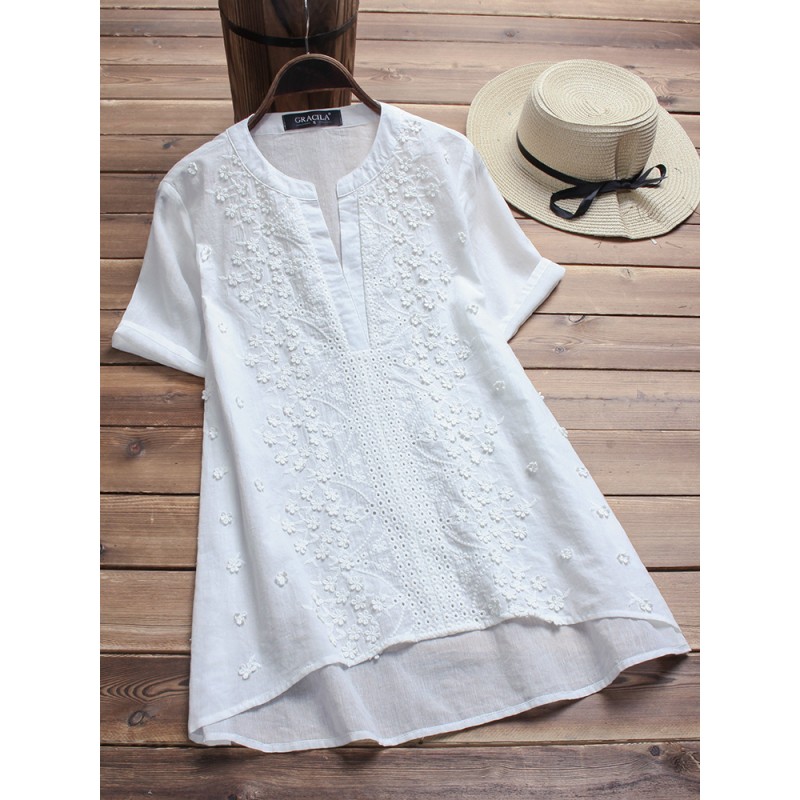 Vintage Floral Embroidery V-neck Short Sleeve Blou...