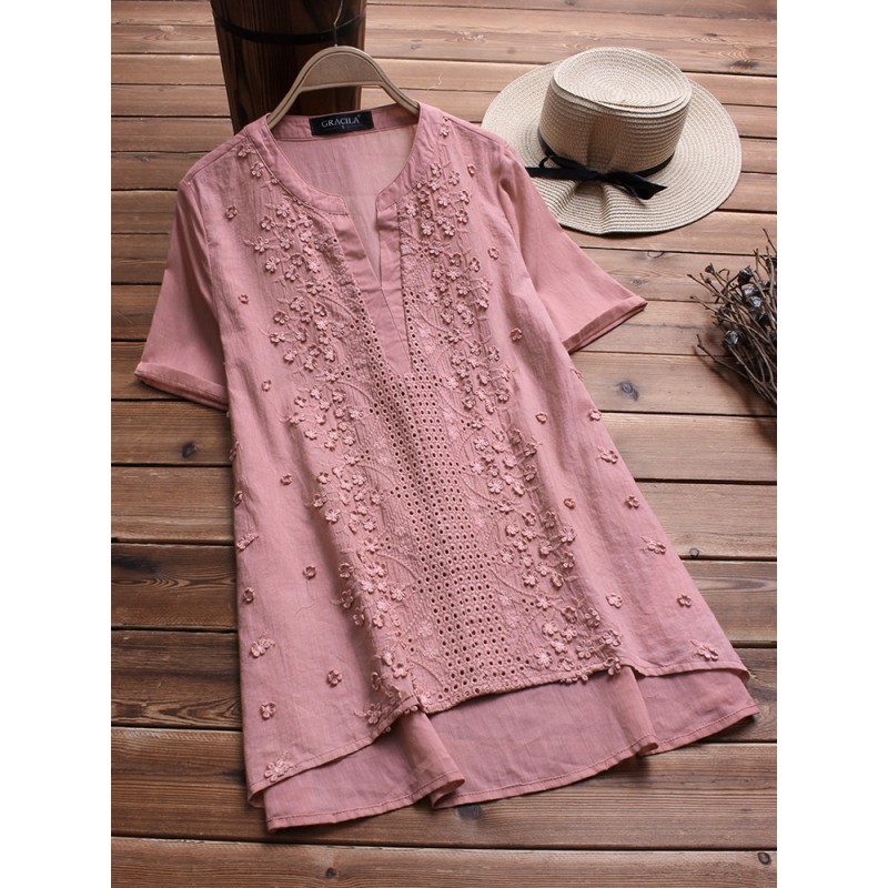 Vintage Floral Embroidery V-neck Short Sleeve Blouse