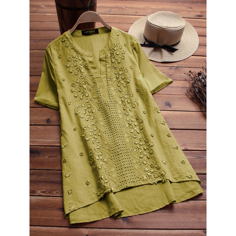 Vintage Floral Embroidery V-neck Short Sleeve Blouse