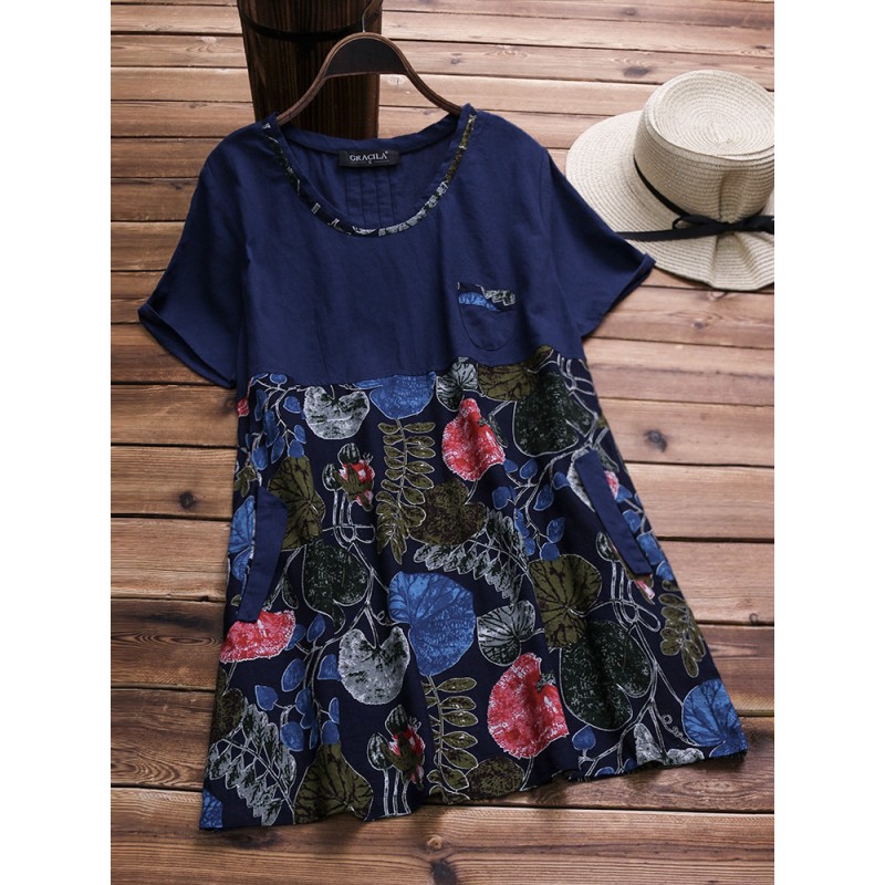 Vintage Floral Print Pocket Short Sleeve Blouse