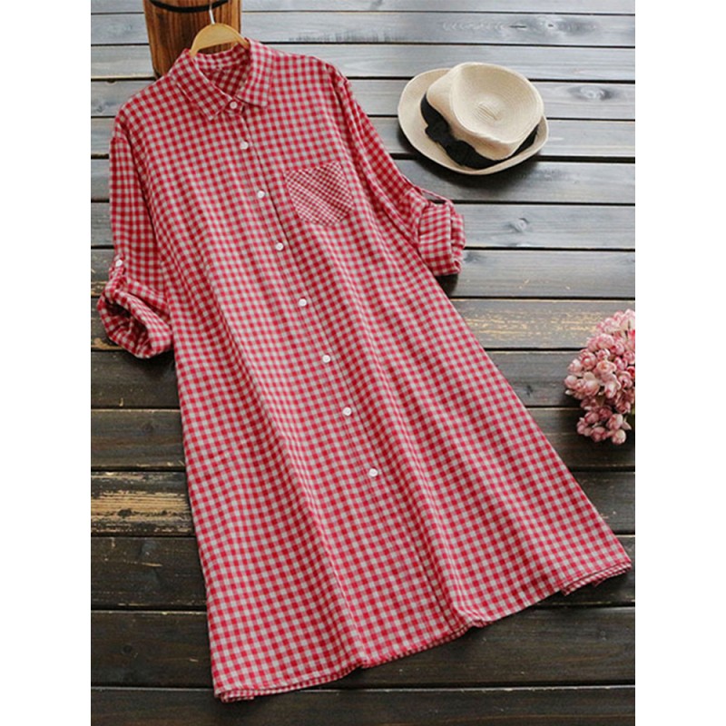 S-5XL Women Vintage Turn-Down Collar Plaid Blouse