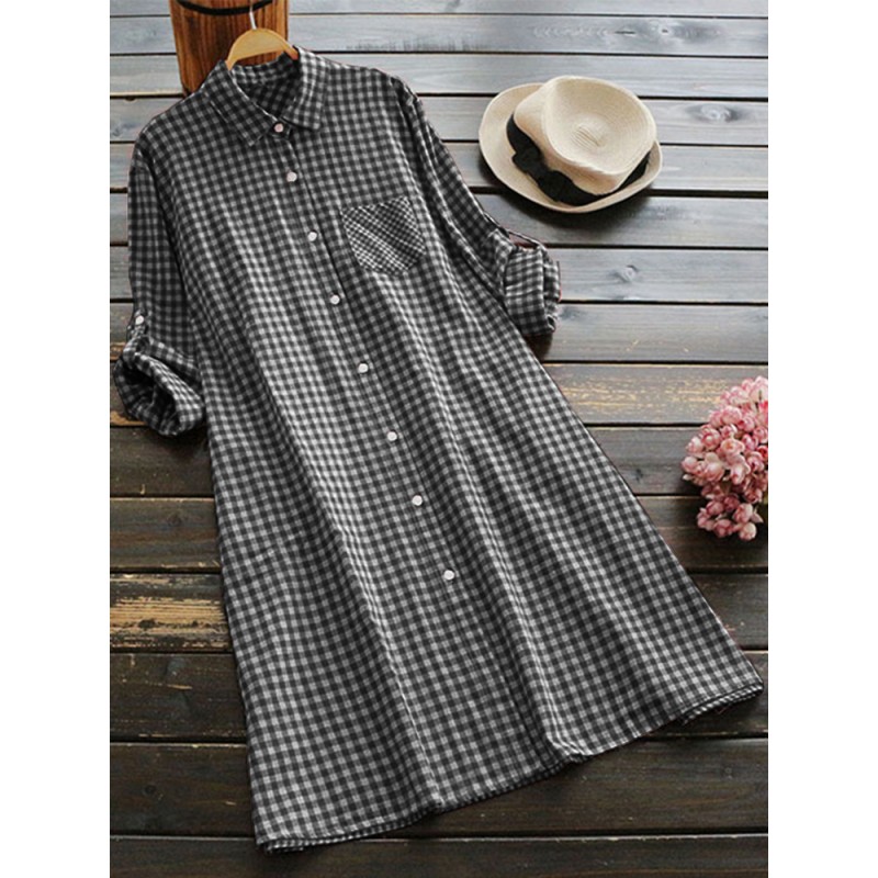 S-5XL Women Vintage Turn-Down Collar Plaid Blouse